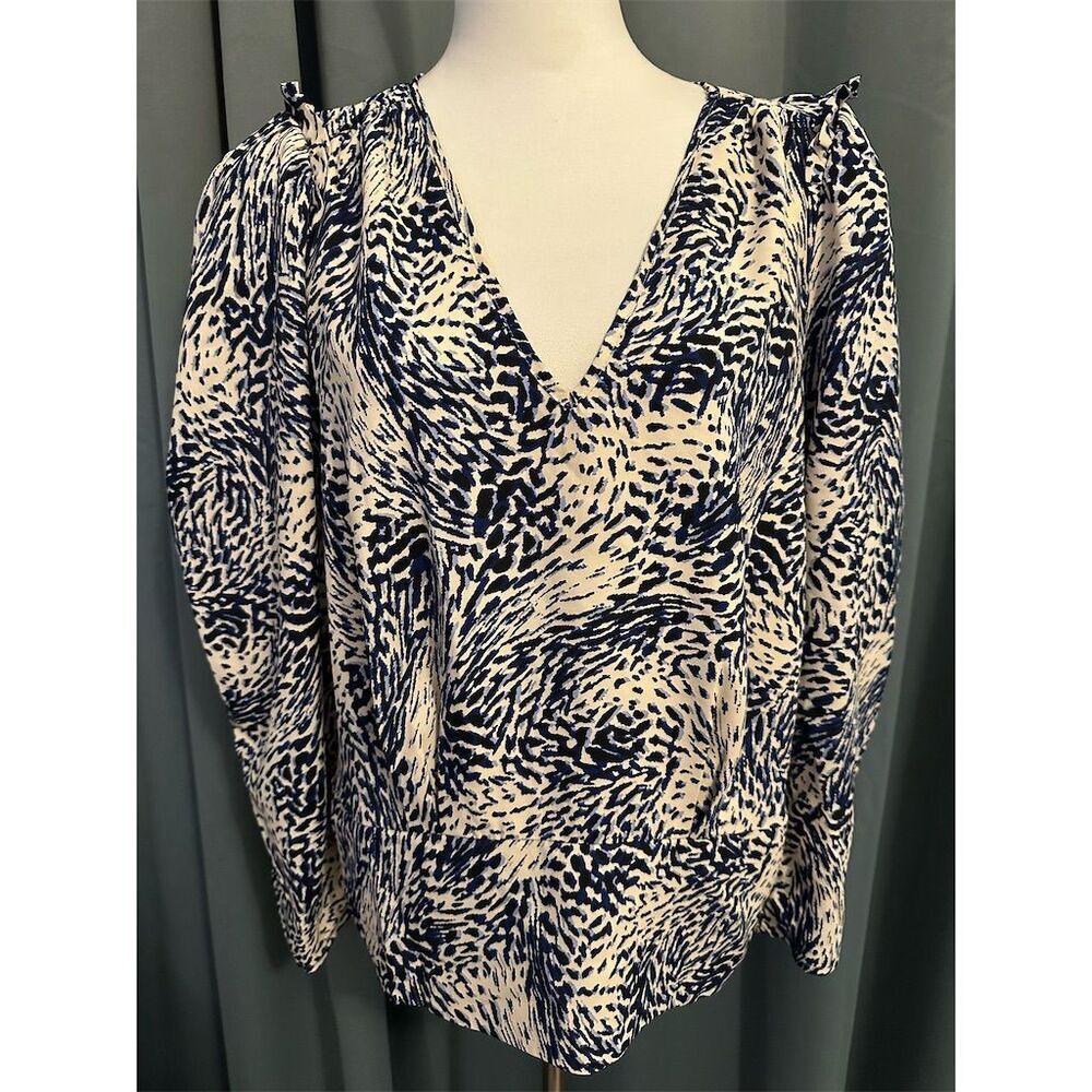 Express Women's XL V-Neck Long Sleeve Blouse Blue Geometric Print